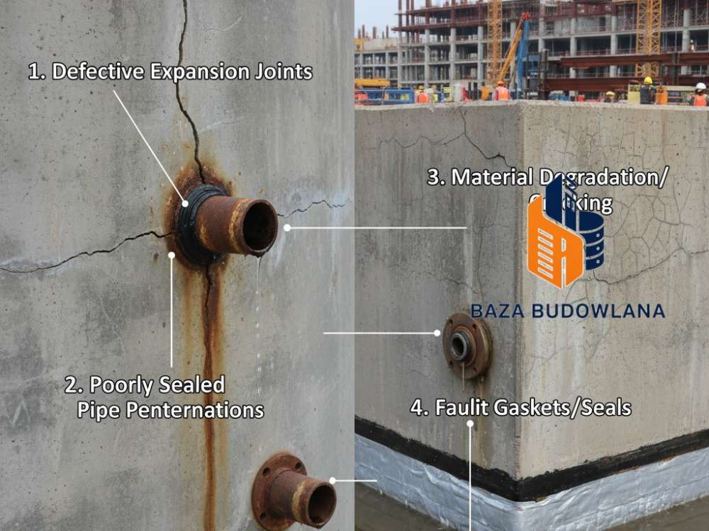 Nieszczelny betonowy zbiornik techniczny z widocznymi pęknięciami i zawilgoceniem konstrukcji.