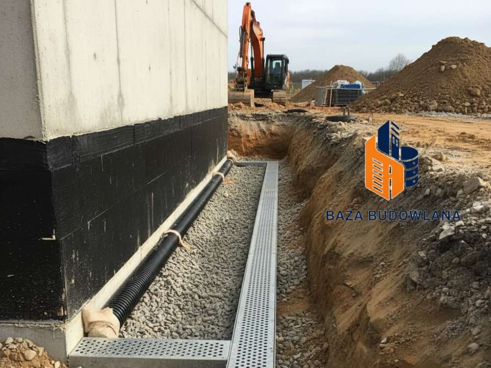 System odwodnienia liniowego oraz drenaż opaskowy zabezpieczający fundamenty budynku przed wilgocią.