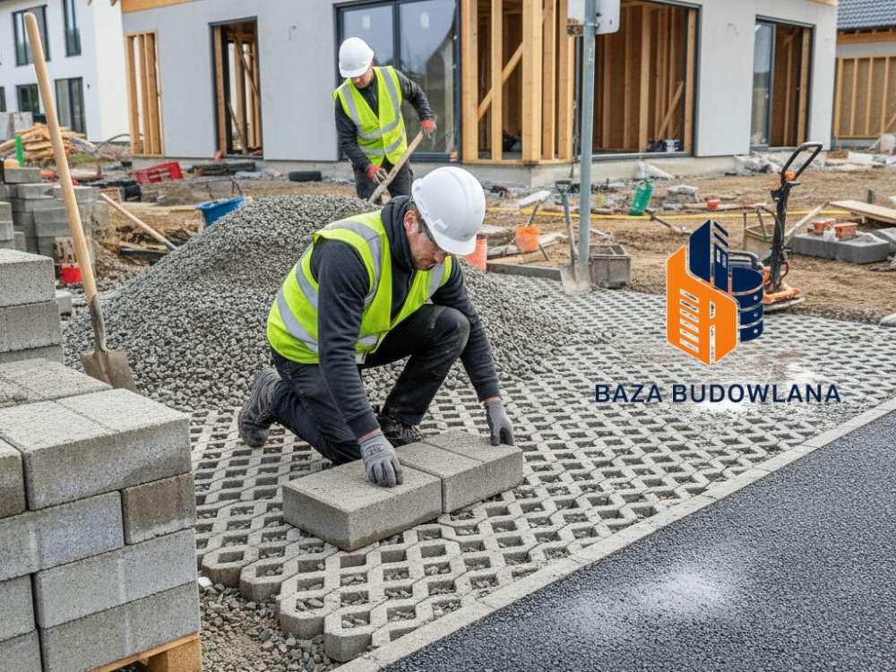 Nowoczesna nawierzchnia przepuszczalna na podjeździe zapobiegająca opłacie deszczowej.