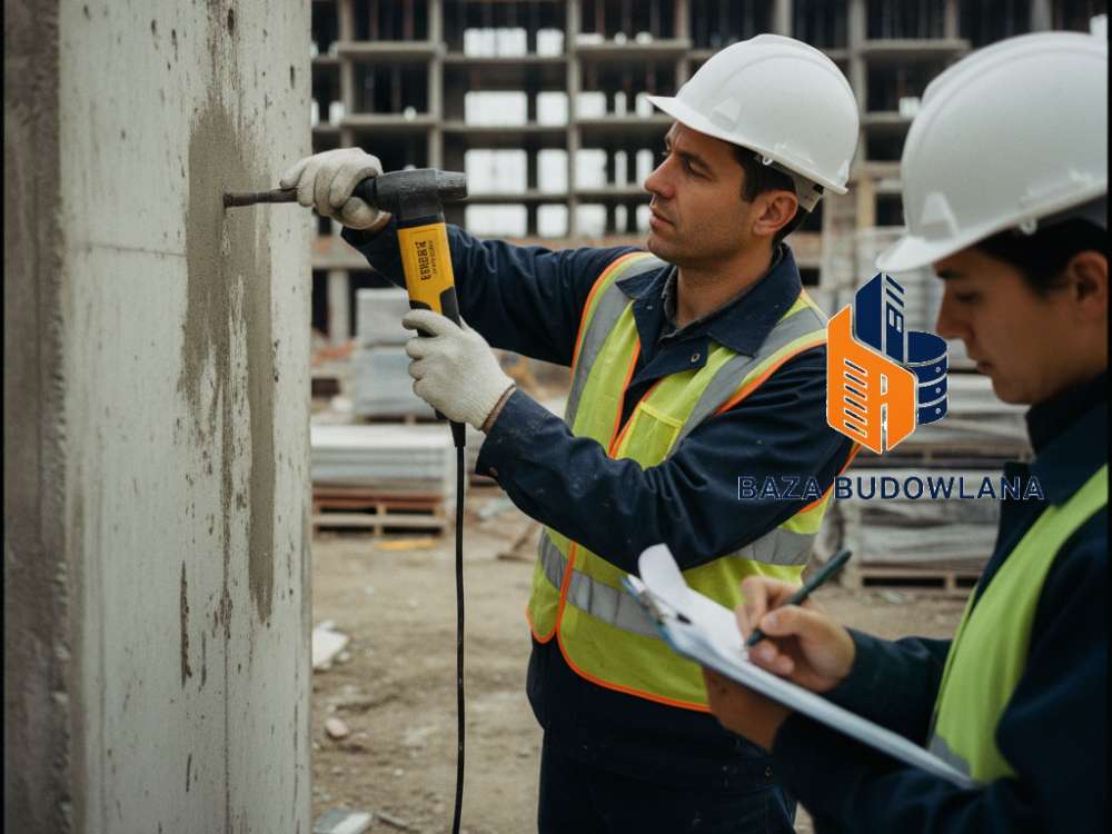 Specjalistyczne pomiary i badania budowlane wykonywane przez inżyniera na terenie inwestycji.