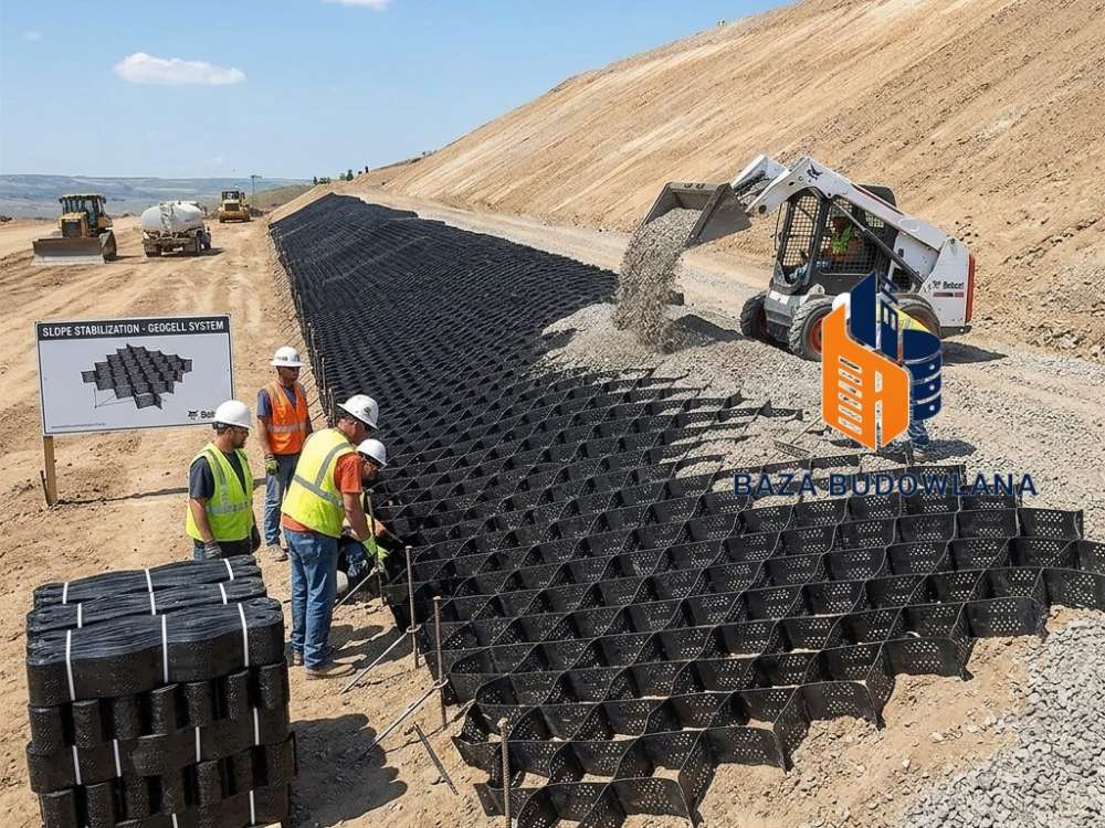 Geokrata komórkowa wypełniona kruszywem zapewniająca stabilizację gruntu na placu budowy.