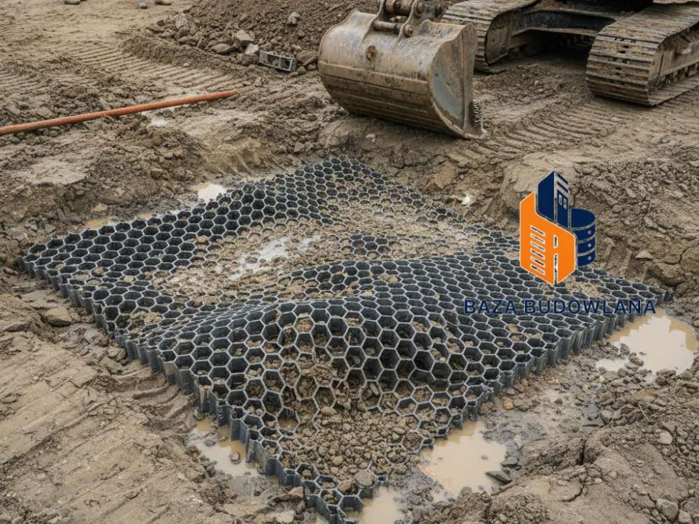 Geokrata komórkowa wypełniona kruszywem zapewniająca stabilizację gruntu na placu budowy.