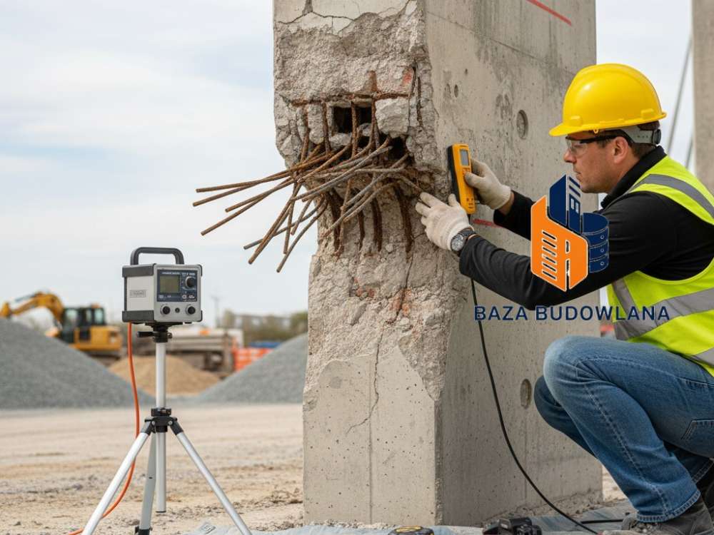 Badanie młotkiem Schmidta i diagnostyka uszkodzeń zdegradowanego betonu przed naprawą konstrukcji.