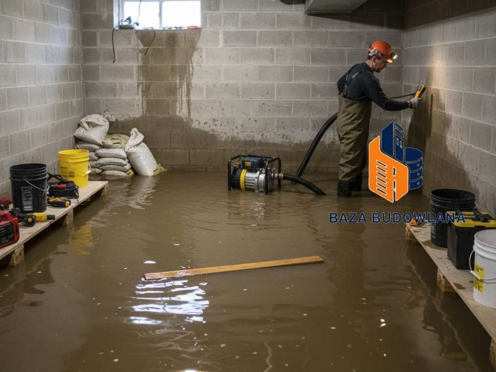 Zalana piwnica z mokrymi ścianami wymagającymi profesjonalnego osuszania i uszczelnienia murów po ulewie.