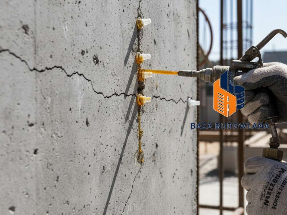 Żywica do naprawy betonu aplikowana w szczelinę pękniętej konstrukcji żelbetowej.