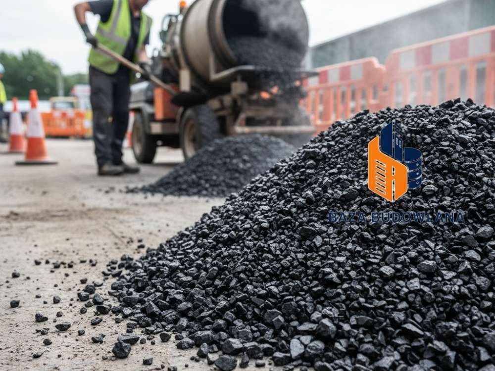 Asfalt lany w granulacie przygotowany do aplikacji na gorąco podczas naprawy drogi.