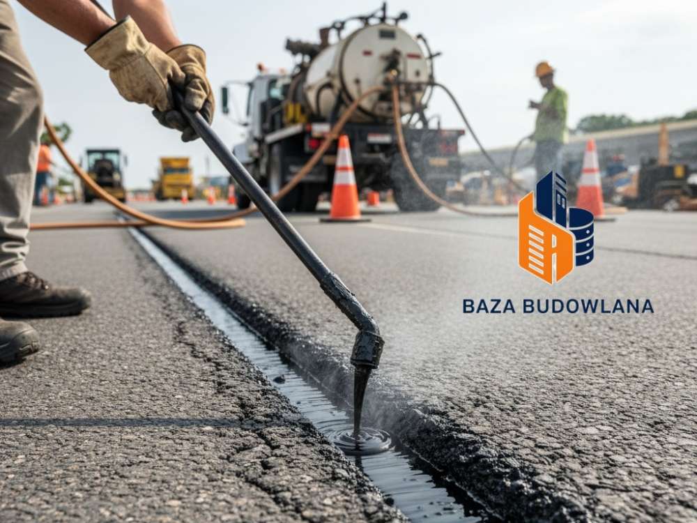 Asfaltowa masa zalewowa na gorąco wypełniająca szczeliny dylatacyjne w nawierzchni drogowej.