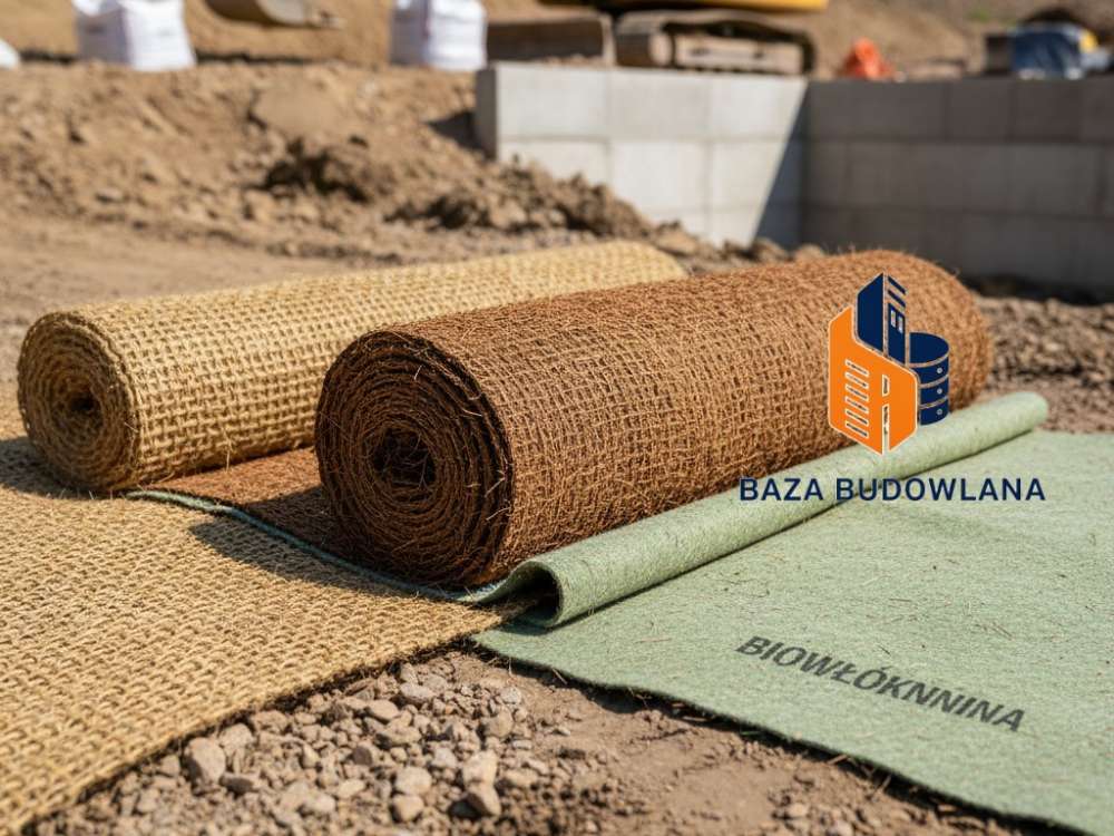 Biodegradowalna biomata przeciwerozyjna zabezpieczająca skarpę przed erozją i wspomagająca wegetację roślin.