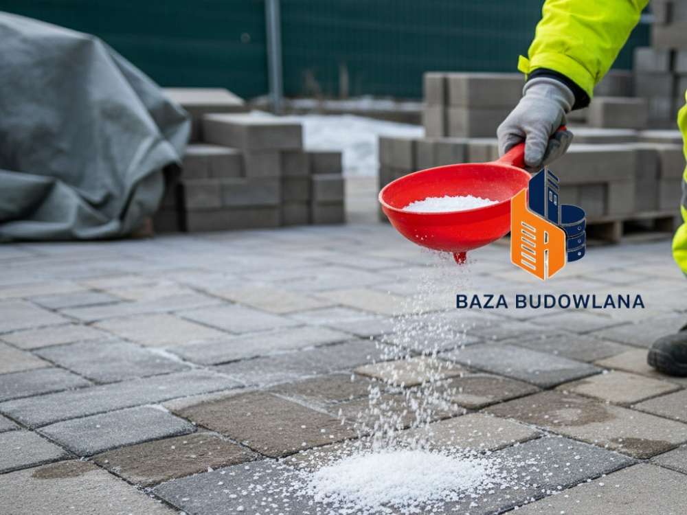 Chlorek magnezu rozsypany na oblodzonej kostce brukowej jako bezpieczna metoda usuwania lodu.