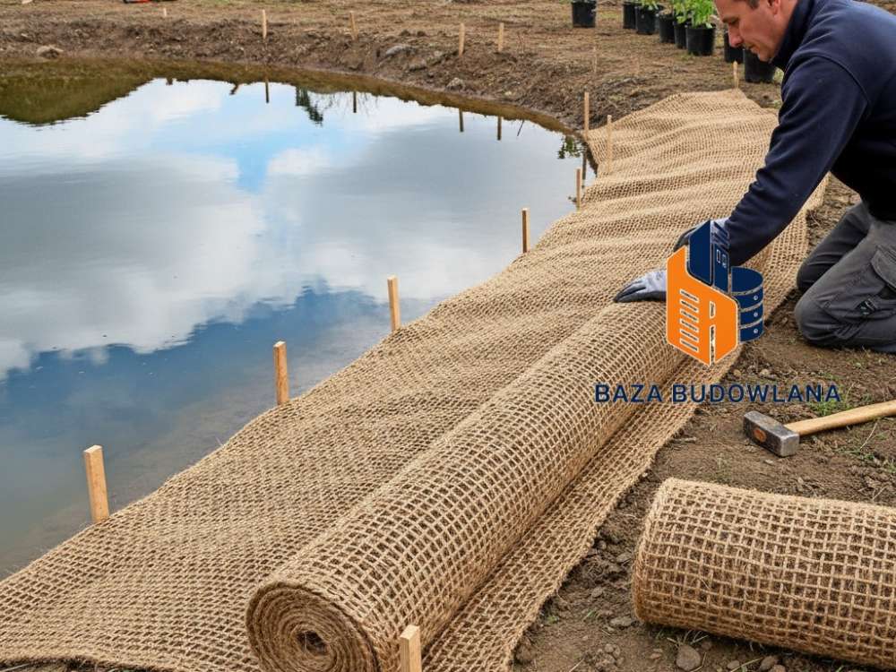Mata jutowa na brzegu stawu chroniąca grunt przed erozją i stabilizująca linię brzegową.