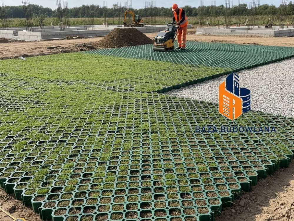 Ażurowa eko krata trawnikowo-parkingowa wzmacniająca grunt pod trwały i przepuszczalny podjazd.