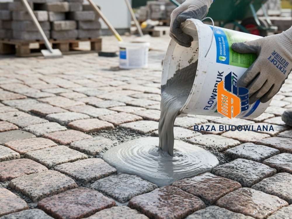 Szybkowiążąca fuga mineralna FLOWBRUK stosowana do spoinowania kostki brukowej i granitowej.