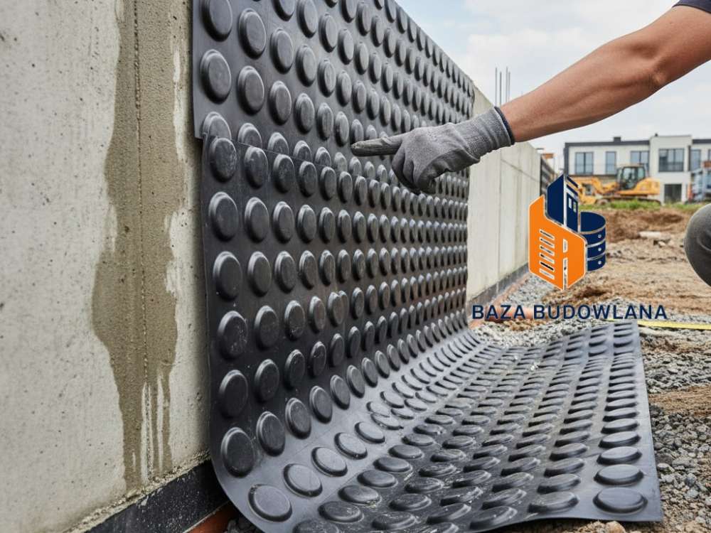 Czarna folia kubełkowa HDPE zamontowana na ścianie fundamentowej w celu ochrony izolacji pionowej.