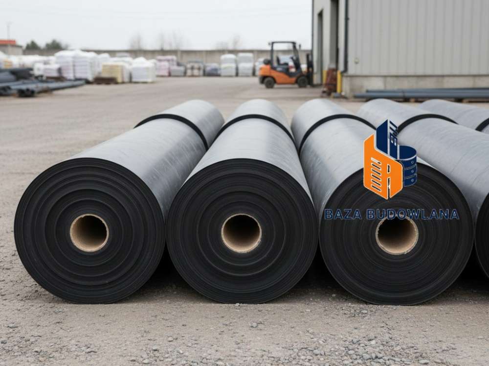 Zgrzewanie arkuszy czarnej folii PEHD podczas profesjonalnego montażu geomembrany.