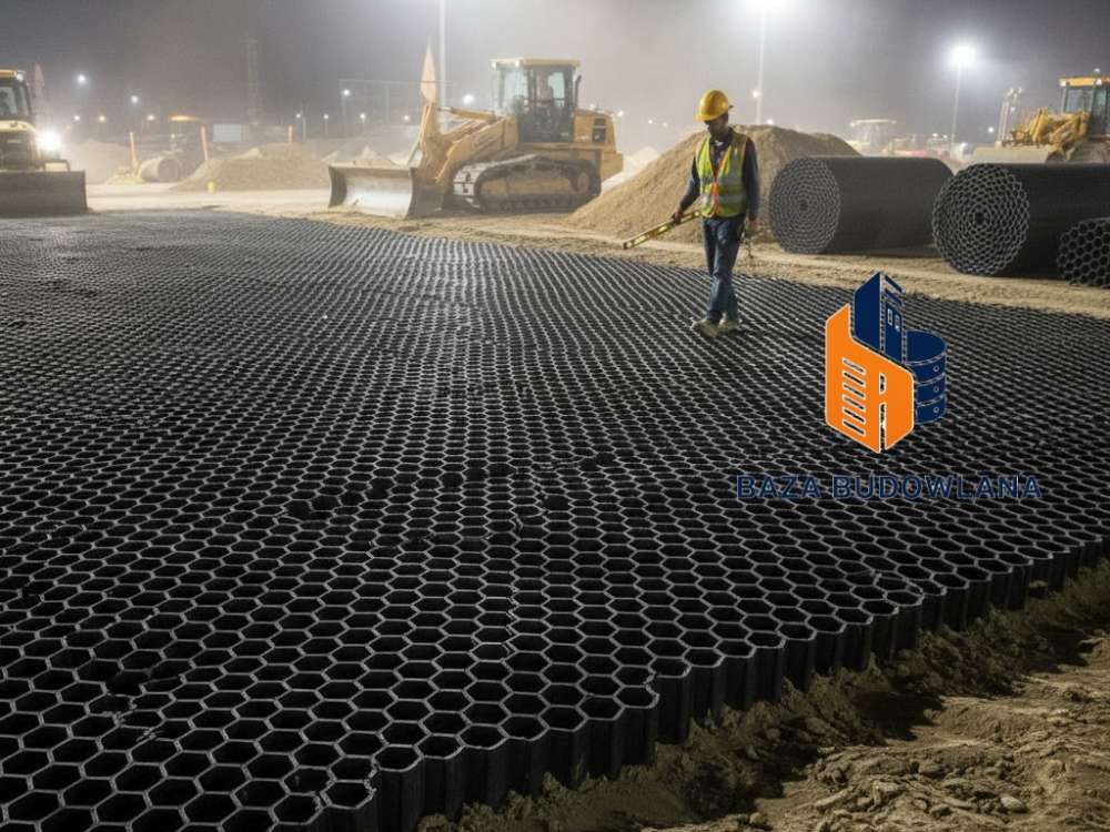 Geokrata drogowa o strukturze plastra miodu rozłożona na gruncie do stabilizacji i wzmocnienia podłoża.
