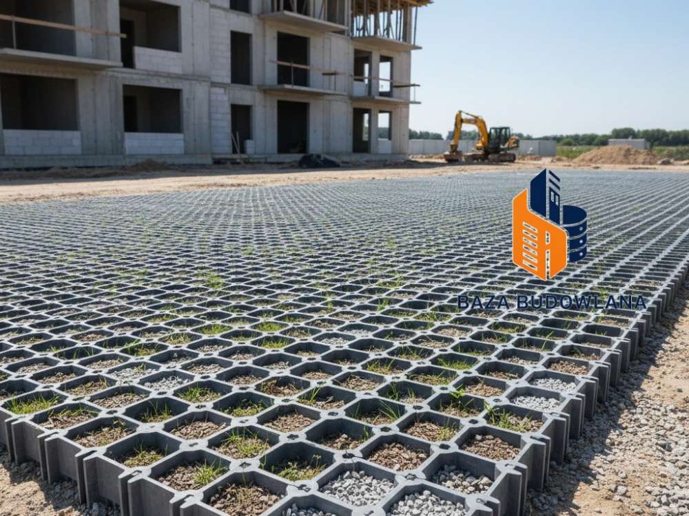 Czarna geokrata parkingowa służąca do stabilizacji i wzmocnienia nawierzchni.