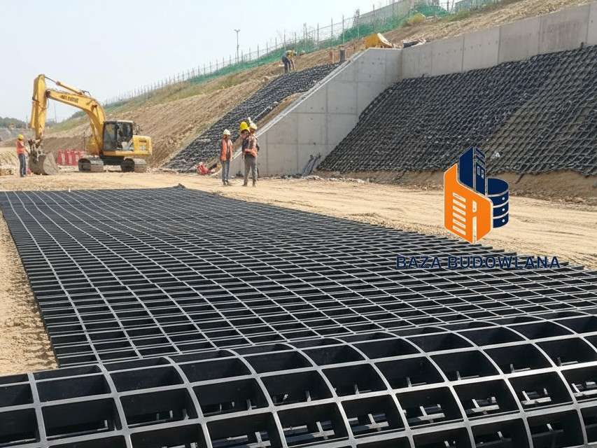 Geosiatka jednokierunkowa wykorzystywana do zbrojenia skarp i stabilizacji konstrukcji ziemnych.