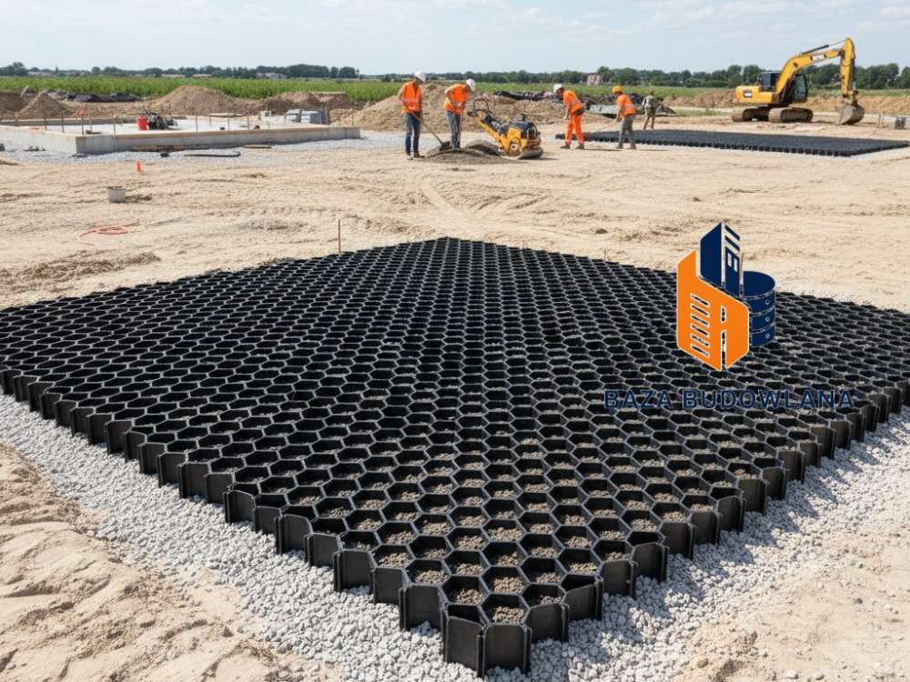 Geosiatka parkingowa i geokrata komórkowa wzmacniająca nośność podłoża podczas stabilizacji gruntu.