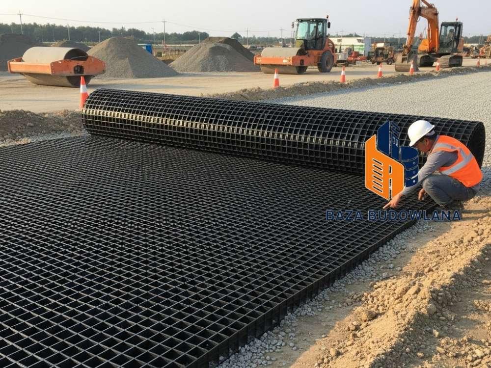 Geosiatka PP o strukturze dwukierunkowej stosowana do stabilizacji gruntu i wzmocnienia podłoża.