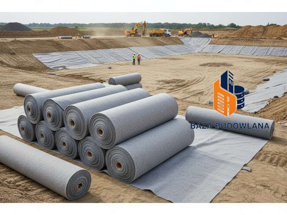 Biała geowłóknina filtracyjna o gęstym splocie stosowana do drenażu i wzmacniania podłoża.