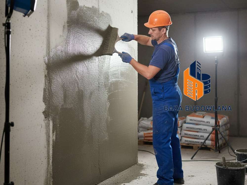 Hydroizolacja szlamowa nanoszona na betonową powierzchnię fundamentów.