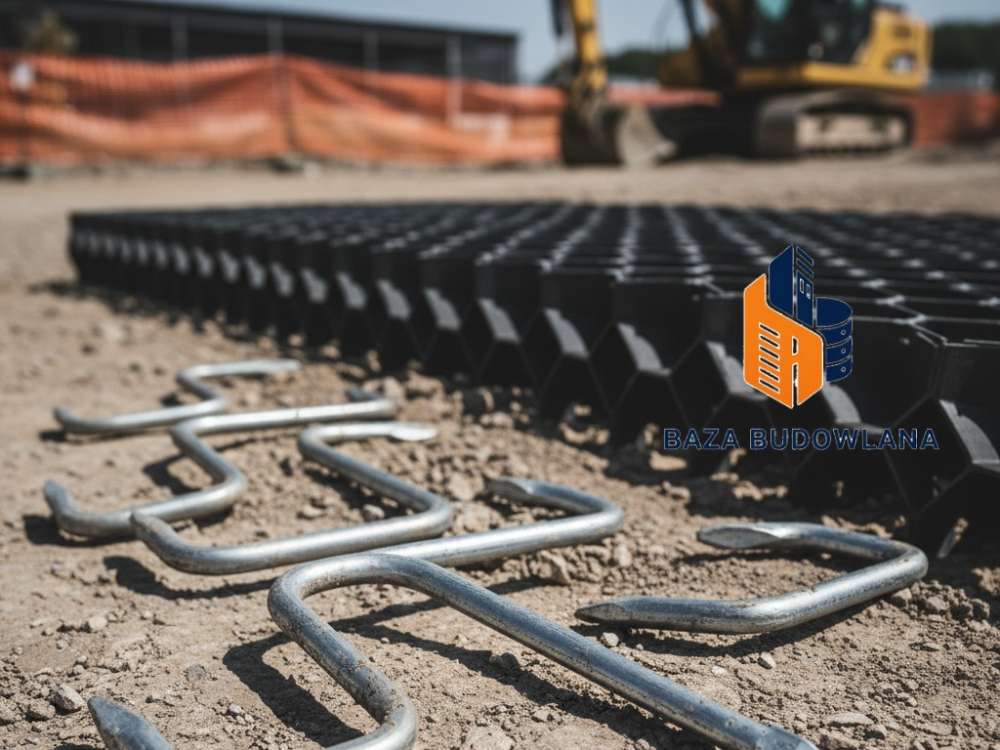 Stalowe kotwy do geokraty w kształcie litery J mocujące sekcje geokomórek do podłoża.