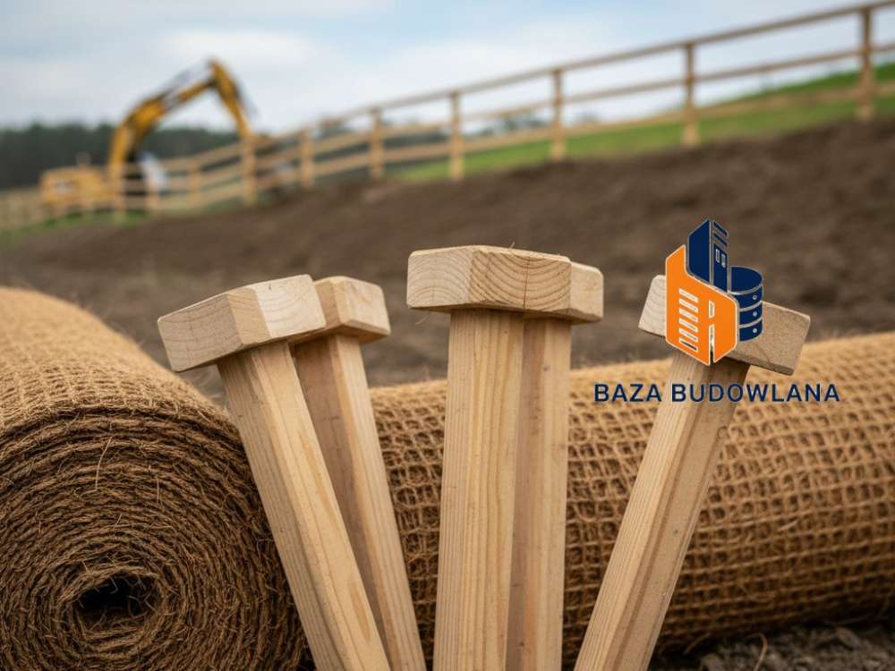 Drewniane kotwy mocujące biodegradowalną siatkę przeciwerozyjną do stabilizacji skarpy.