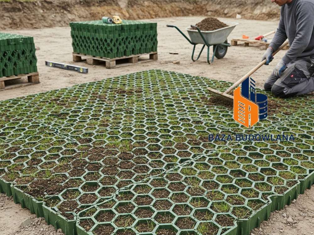 Zielona kratka parkingowo-trawnikowa na podjeździe, tworząca stabilną i ekologiczną nawierzchnię.