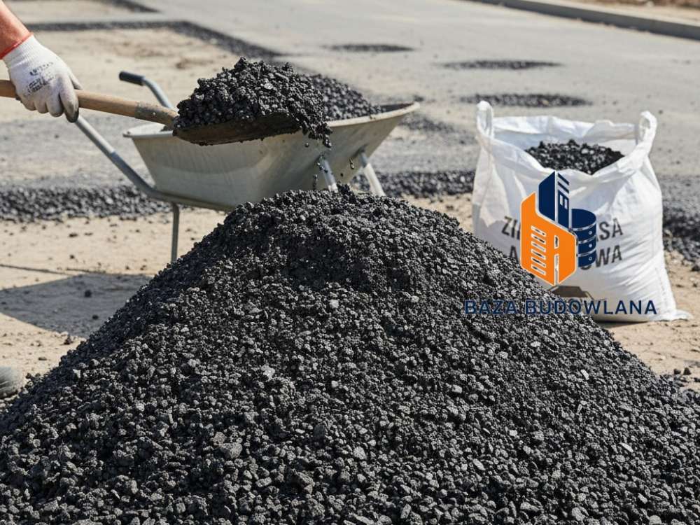 Masa asfaltowa na zimno w workach, gotowa mieszanka do błyskawicznych napraw nawierzchni drogowej.