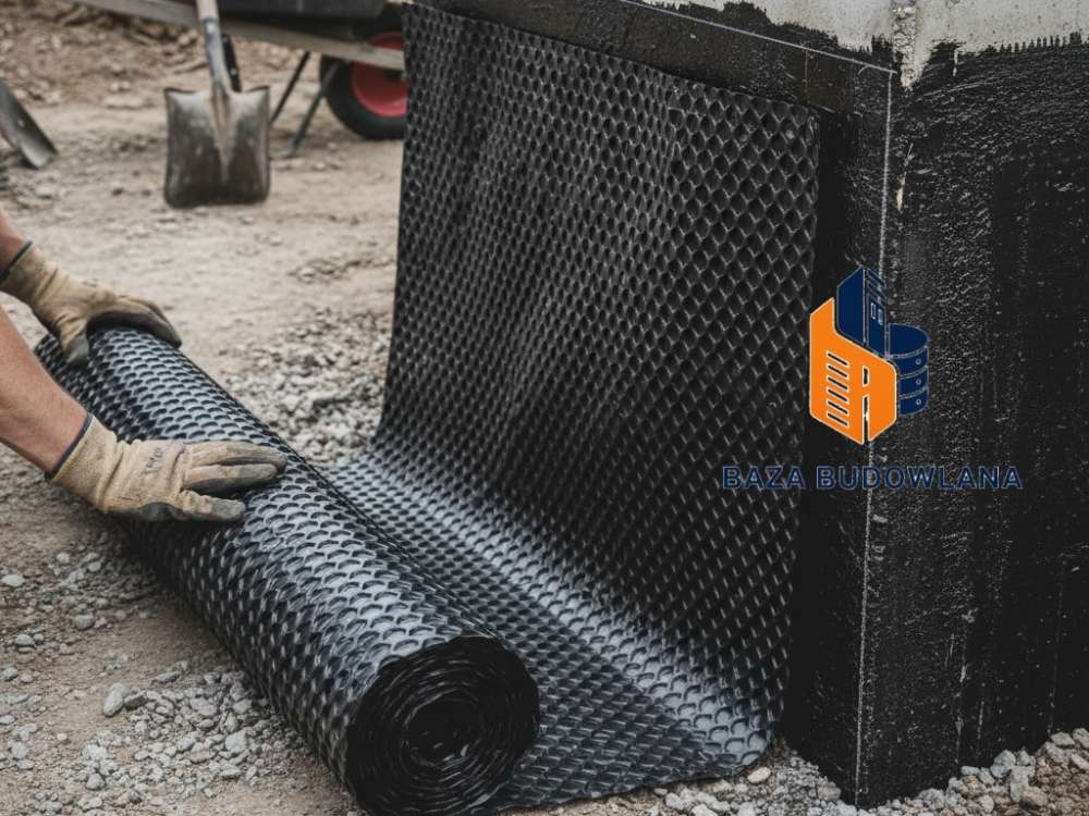 Czarna membrana kubełkowa HDPE do izolacji przeciwwilgociowej i ochrony fundamentów.