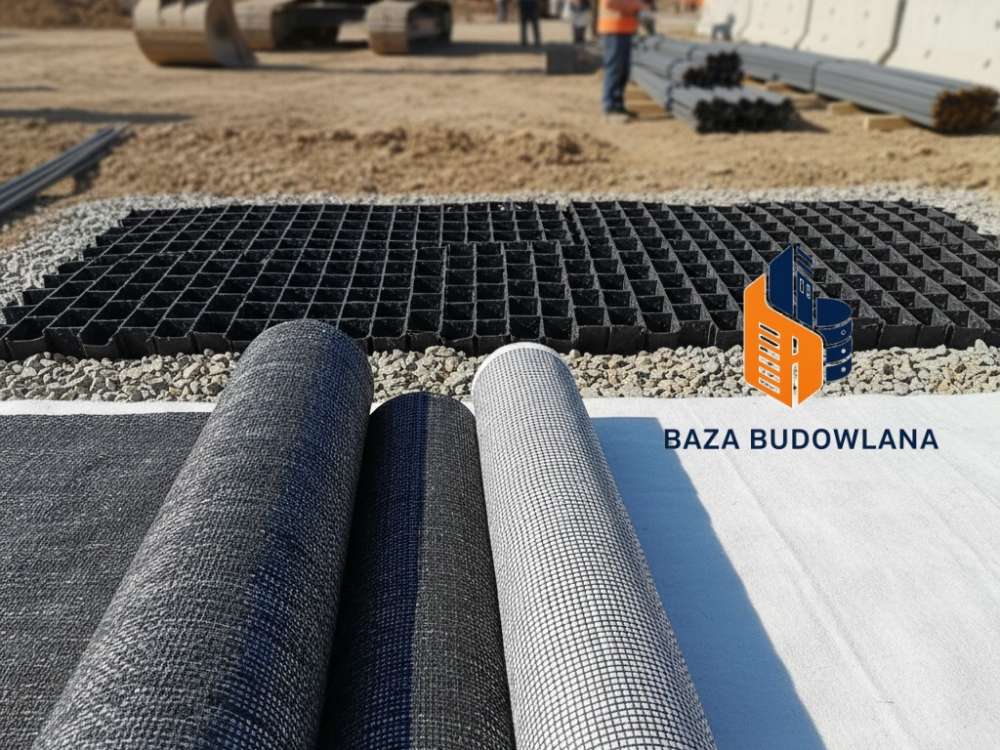 Nowoczesne geosyntetyki: geotkaniny i geokraty komórkowe stosowane do wzmacniania gruntu w inżynierii lądowej.