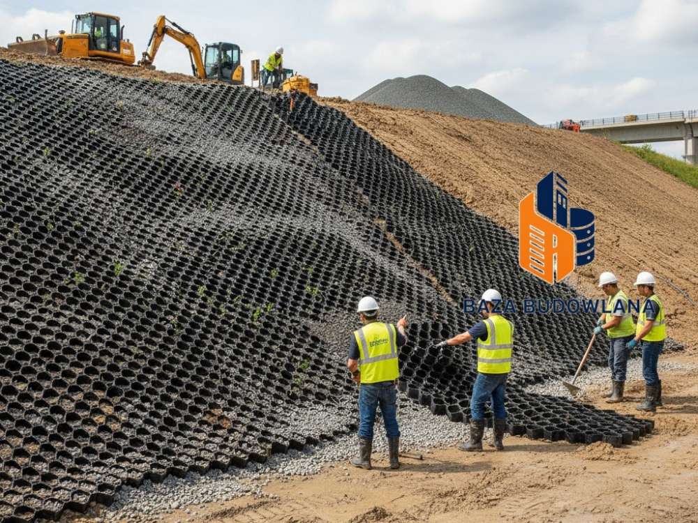 Stabilizacja stromej skarpy i nasypu przy użyciu systemu komórkowego chroniącego grunt przed erozją.