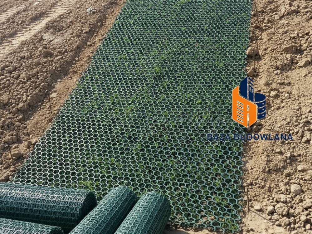 Przestrzenna siatka do humusowania stabilizująca grunt na stromym zboczu i chroniąca przed erozją.
