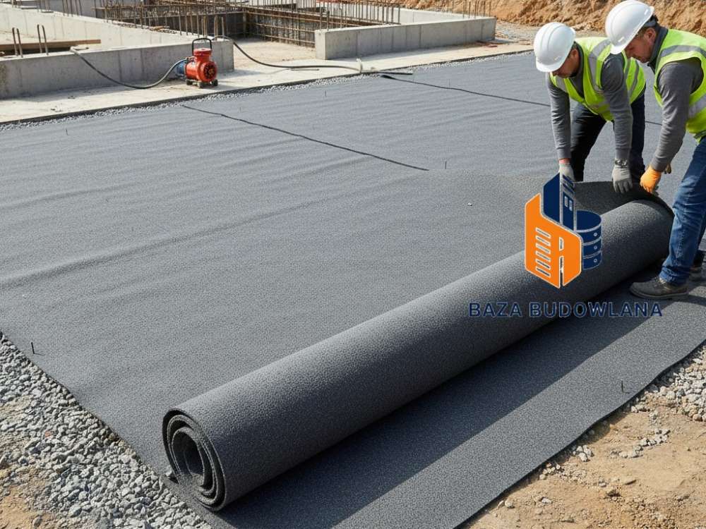 Układanie maty bentonitowej jako izolacji przeciwwodnej fundamentów na placu budowy.