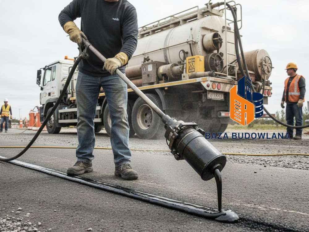 Gorąca zalewa bitumiczna wypełniająca szczeliny i dylatacje w nawierzchni asfaltowej.