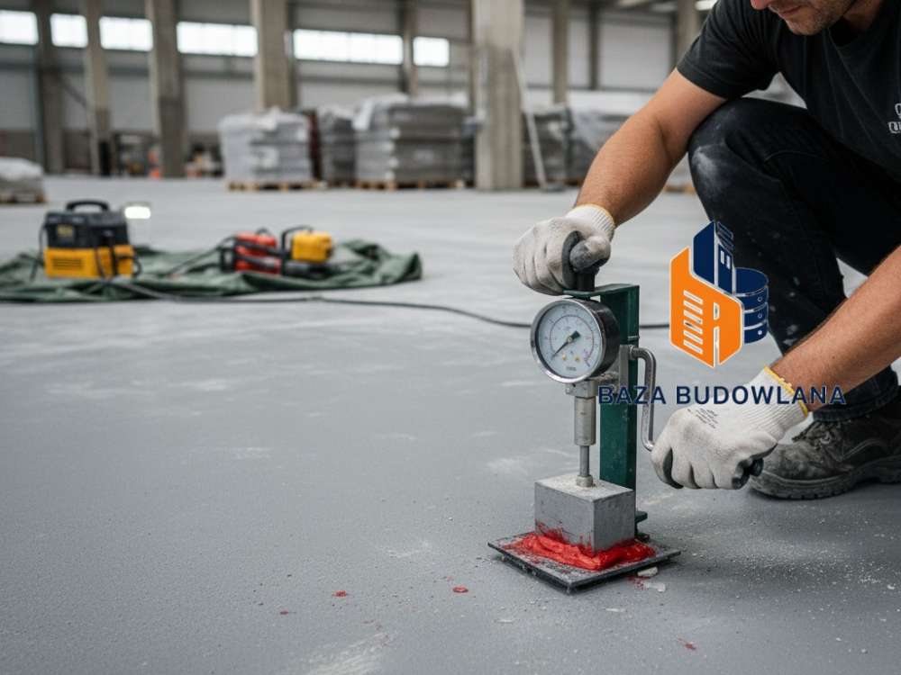 Pomiar przyczepności powłoki metodą pull-off podczas badania stanu posadzki.