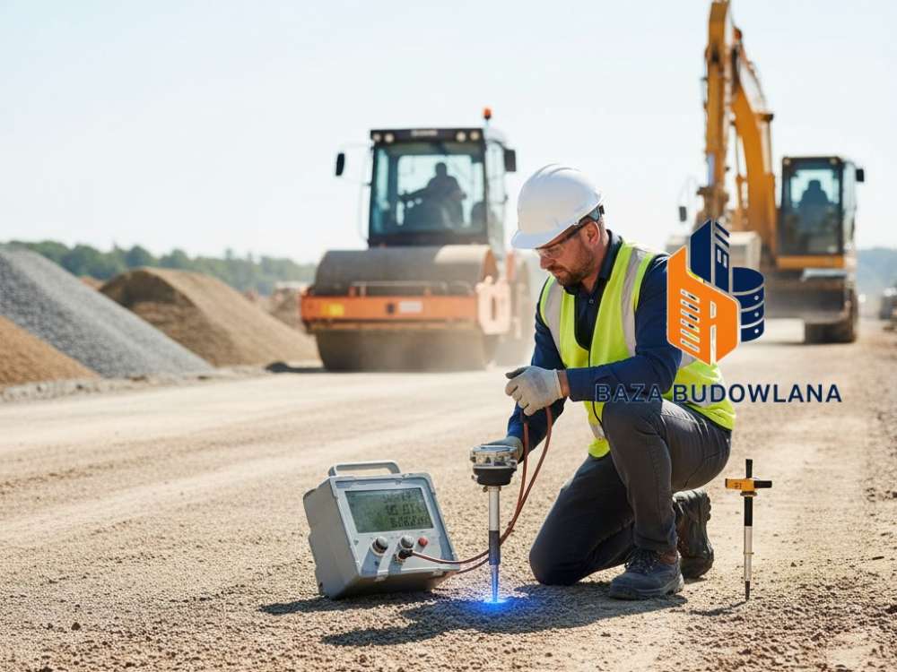 Lekka płyta dynamiczna podczas badania zagęszczenia i nośności warstw konstrukcyjnych drogi.