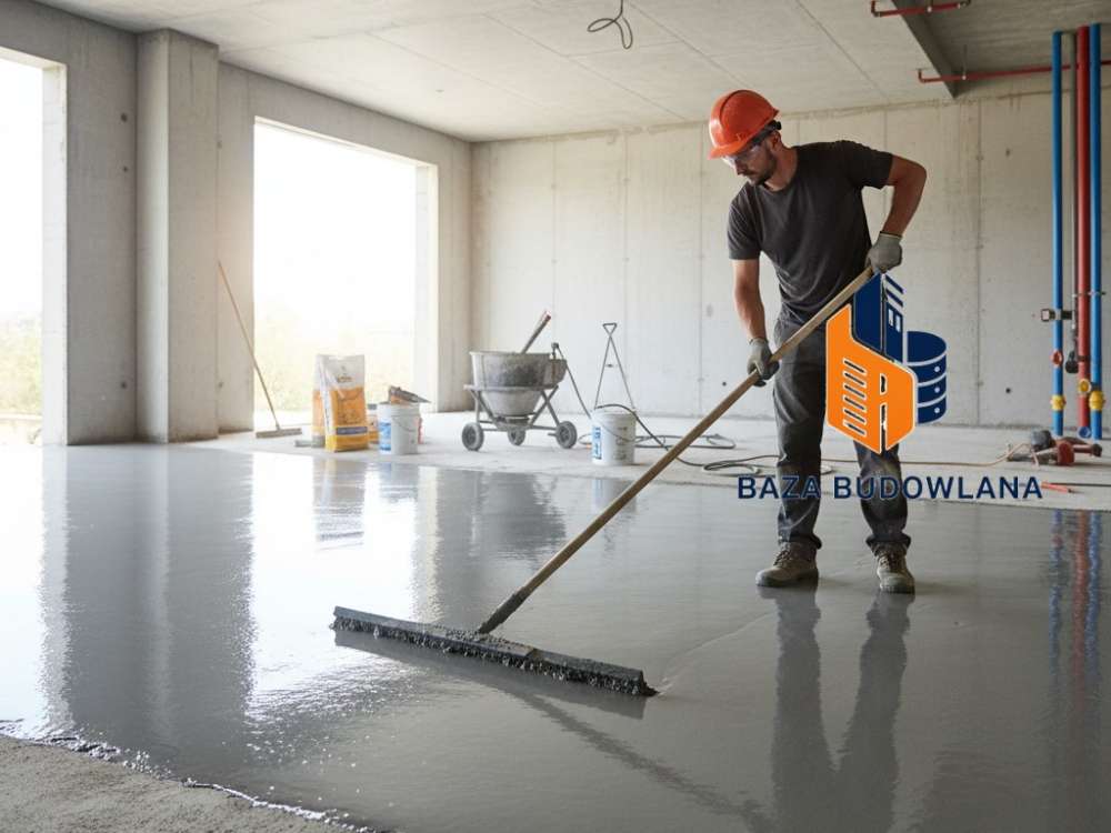 Pracownik budowlany wylewający beton samopoziomujący na gładką powierzchnię podłogi.