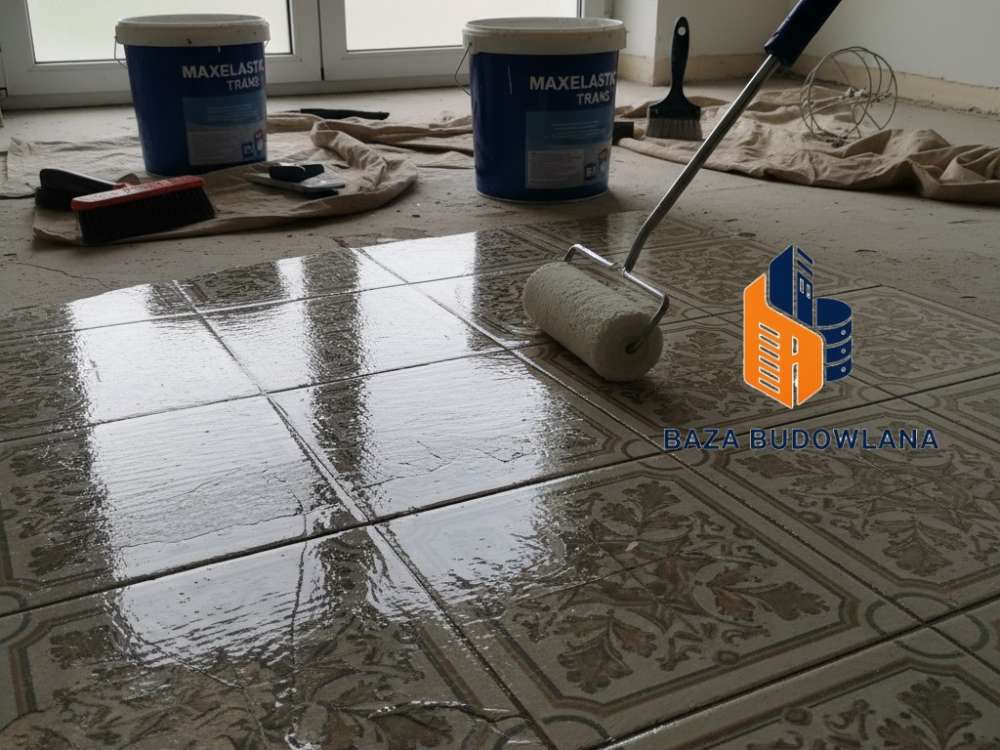 Bezbarwna powłoka uszczelniająca naniesiona na stare płytki tarasowe zabezpieczająca przed przeciekaniem.