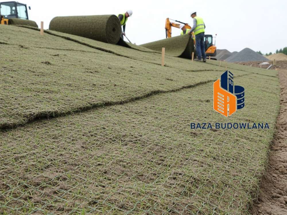 Biodegradowalna biowłóknina z nasionami traw zabezpieczająca skarpę przed erozją gleby.
