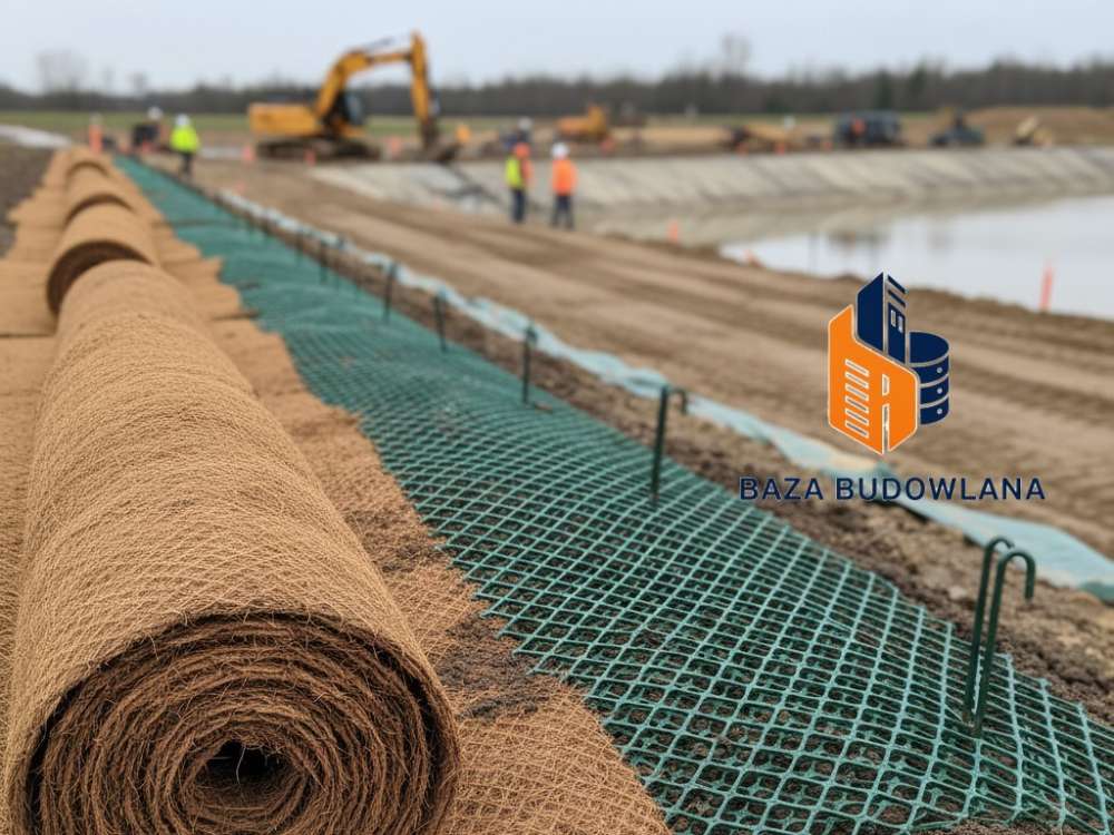 Biodegradowalna siatka antyerozyjna zabezpieczająca stromą skarpę przed erozją i wypłukiwaniem gruntu.