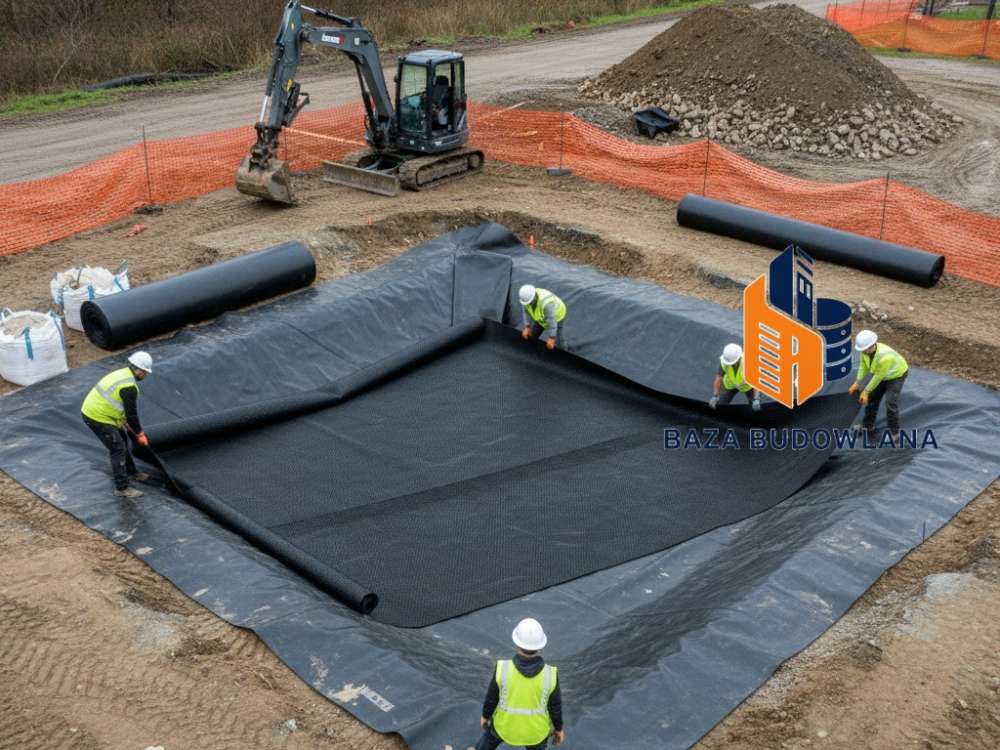 Budowa stawu rekreacyjnego z zastosowaniem szczelnej folii izolacyjnej w ogrodzie.