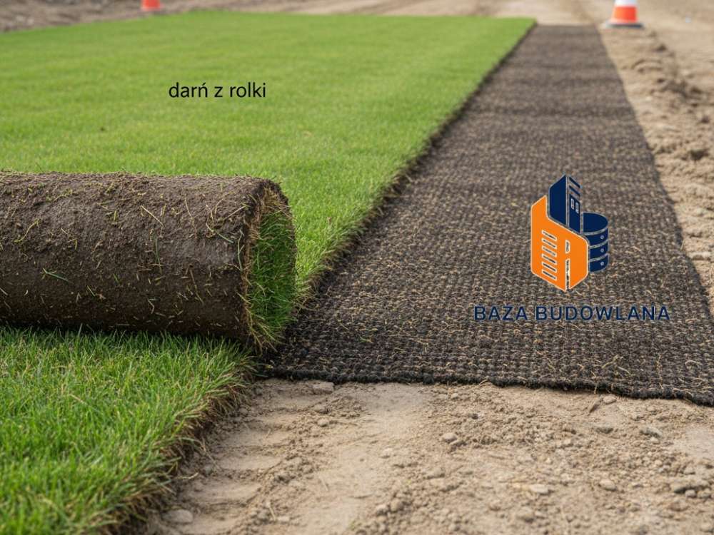 Darń z rolki i mata biodegradowalna wykorzystane do wzmocnienia i zazielenienia stromej skarpy.