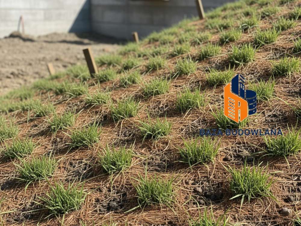 Biowłóknina z nasionami traw wykorzystywana do skutecznego darniowania matami i wzmacniania gruntu.