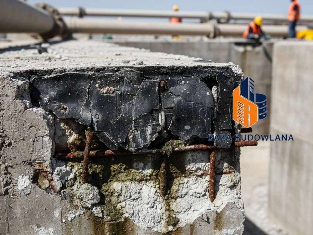 Nieszczelne uszczelnienie betonowego zbiornika na solankę z widoczną korozją materiału.