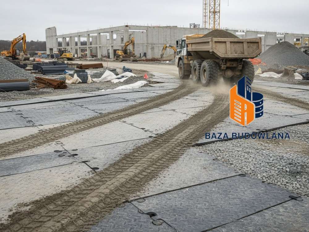 Geokrata drogowa stabilizująca grunt pod budowę drogi tymczasowej dla pojazdów o wysokim tonażu.