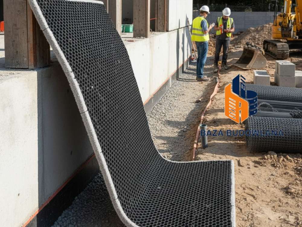 Geokompozyt drenażowy z warstwą geowłókniny stosowany do skutecznego odwadniania konstrukcji ziemnych.