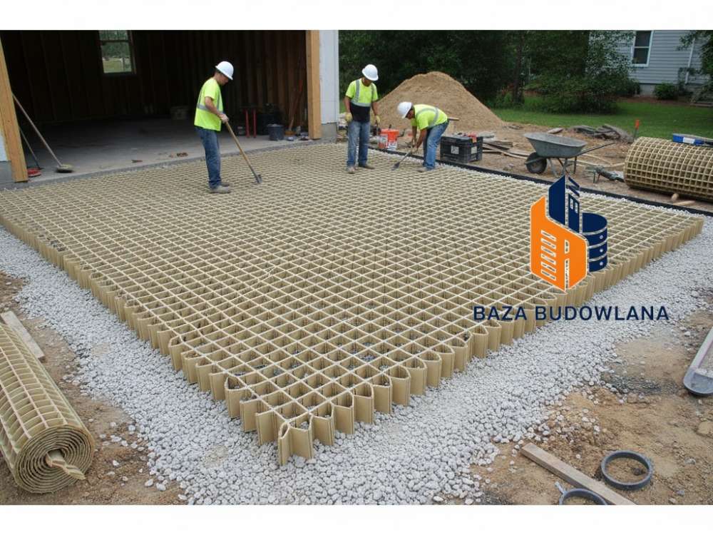 Montaż geokraty na podjeździe w celu wzmocnienia podbudowy i stabilizacji nawierzchni.