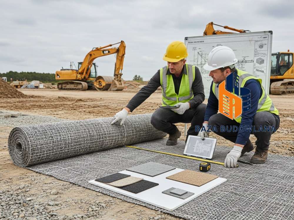Biała geowłóknina drogowa stosowana do wzmacniania podłoża i separacji warstw konstrukcyjnych.