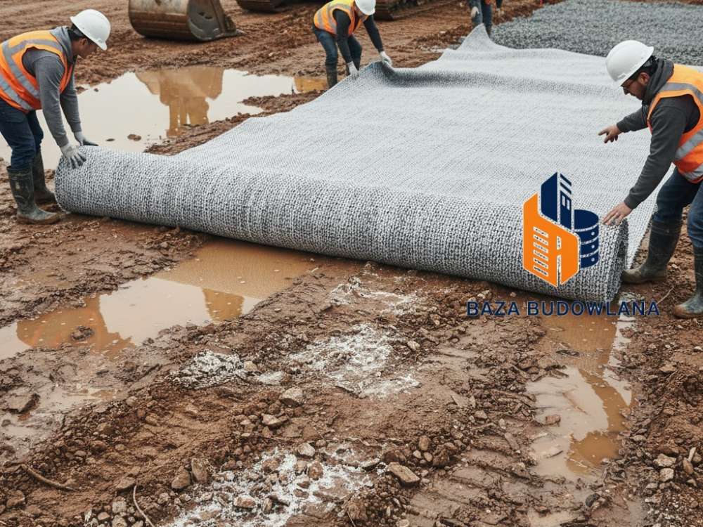 Układanie geowłókniny na gliniastym i podmokłym terenie dla stabilizacji i wzmocnienia podłoża.